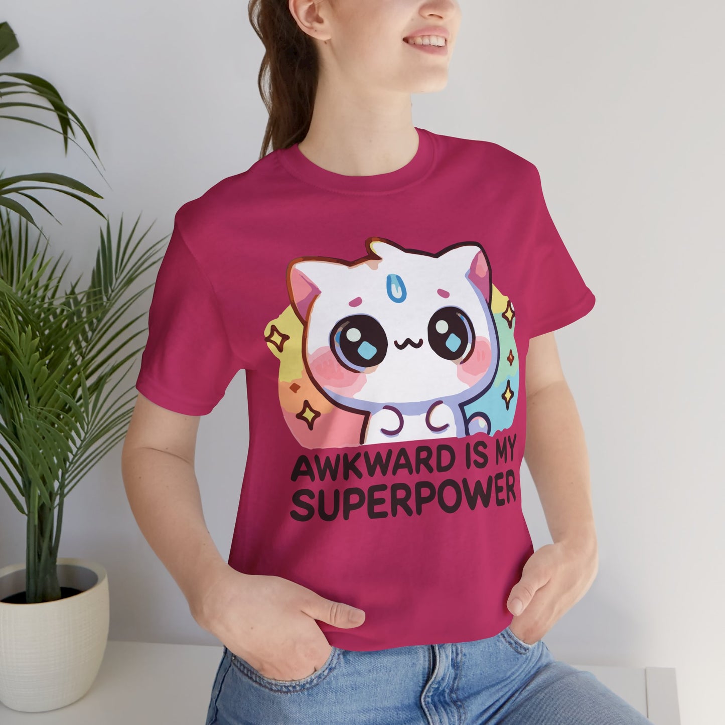 Kawaii Cat “Awkward Is My Superpower” T-Shirt – Cute Pastel Anime Style Tee