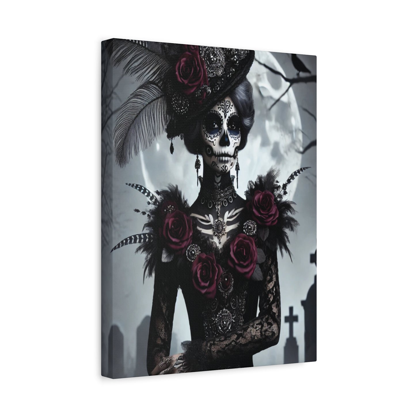 Dark Elegance Sugar Skull Canvas – Gothic Day of the Dead Rose Queen Print
