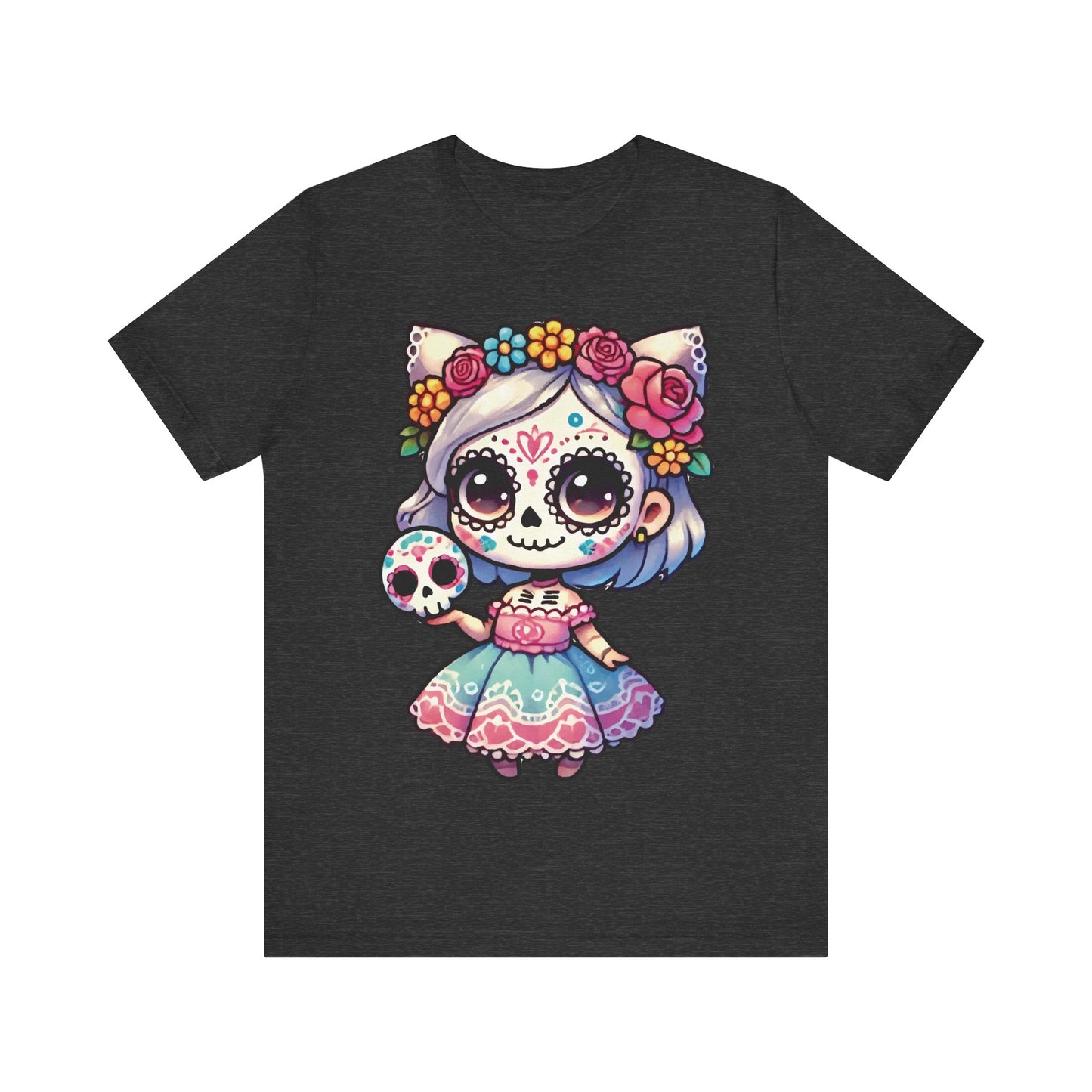 Kawaii Cat Sugar Skull Girl T-Shirt – Cute Day of the Dead Cat Girl Tee – Dia de los Muertos Shirt
