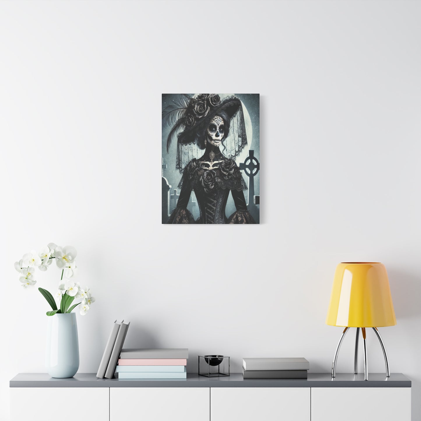 Gothic Day of the Dead Canvas Art – Elegant Sugar Skull Woman in Victorian Dress