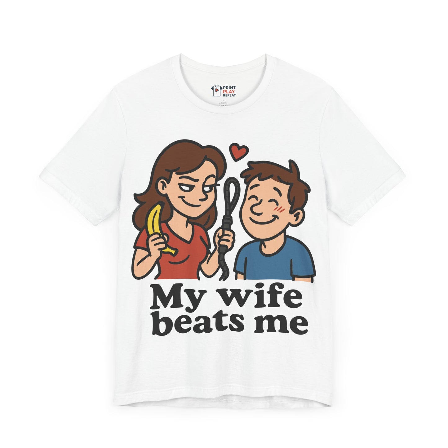 Funny "My Wife Beats Me" Cartoon T-Shirt – Playful Marriage Humor Tee