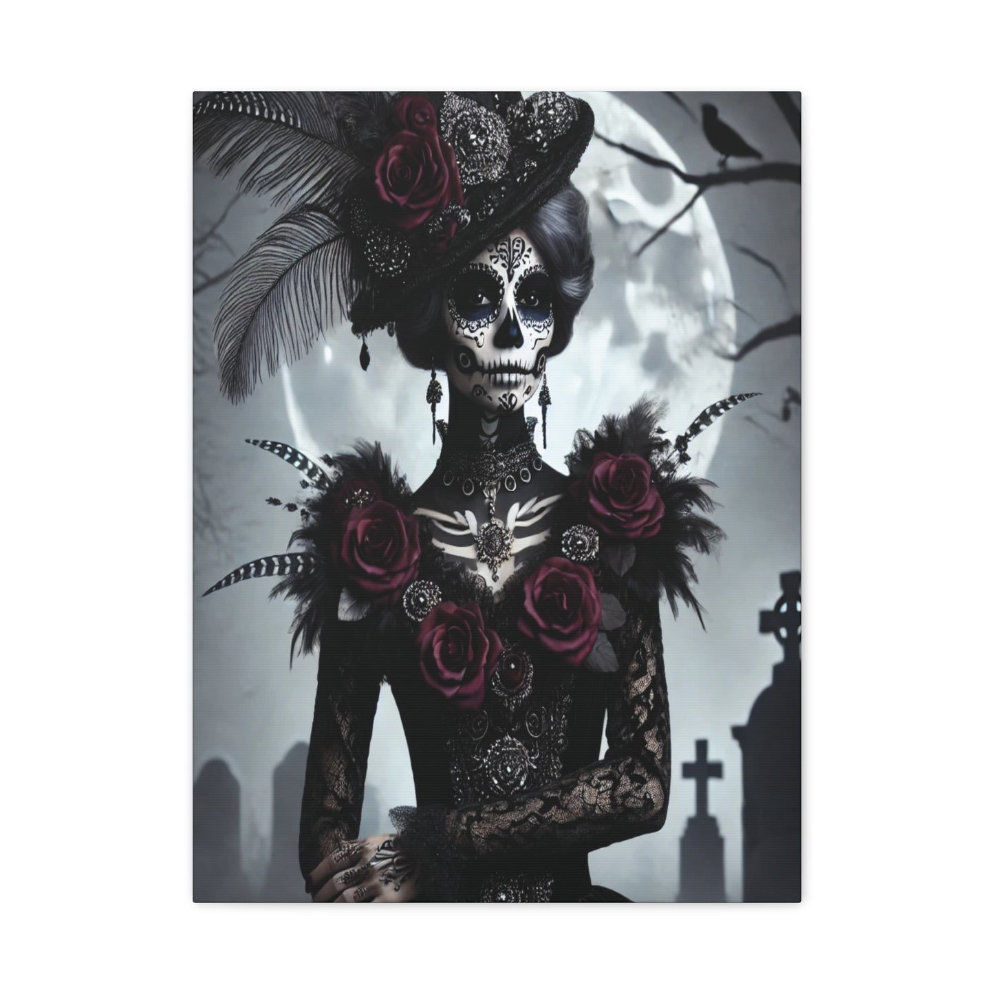 Dark Elegance Sugar Skull Canvas – Gothic Day of the Dead Rose Queen Print