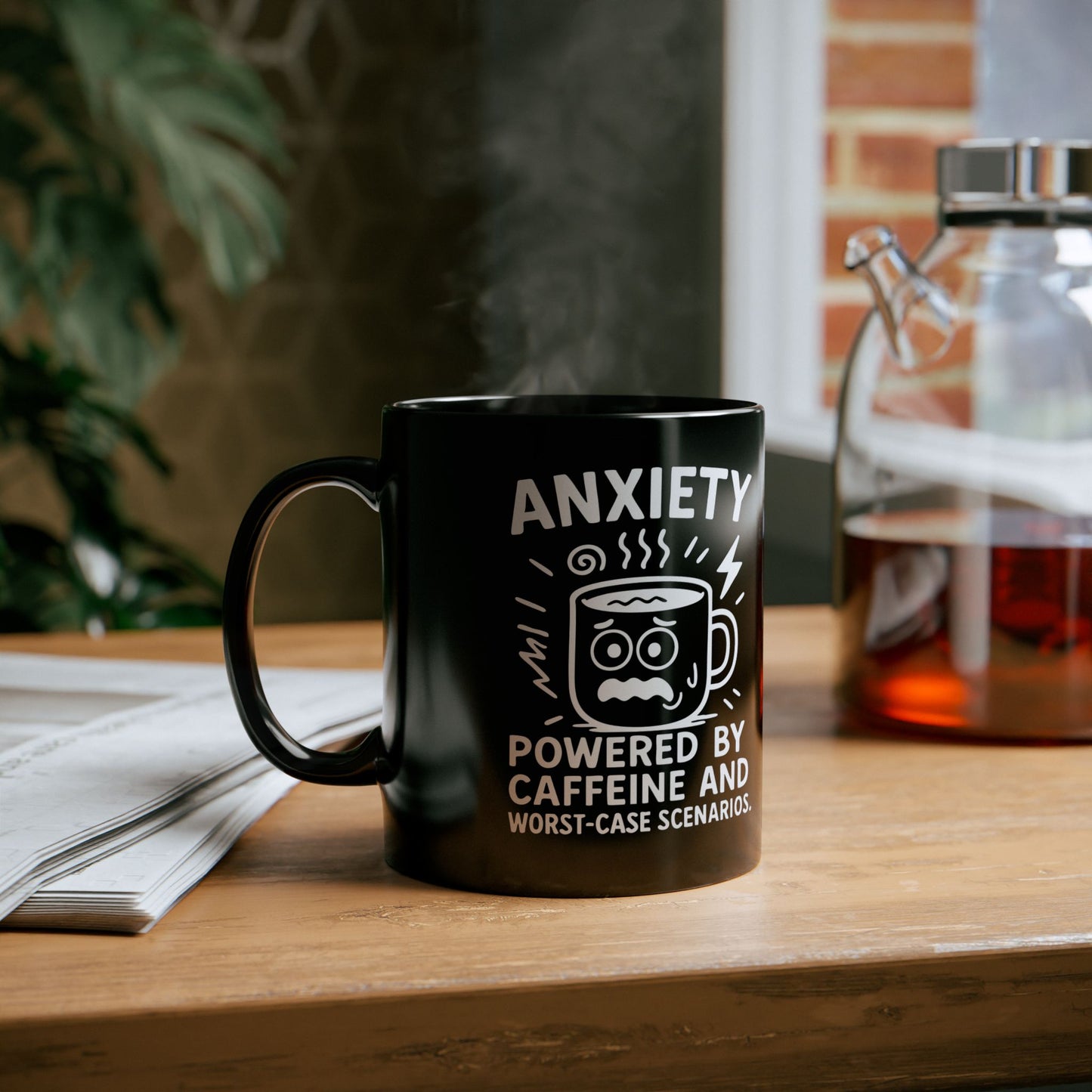 Anxiety Coffee Mug – "Powered by Caffeine and Worst-Case Scenarios" Funny Black Mug