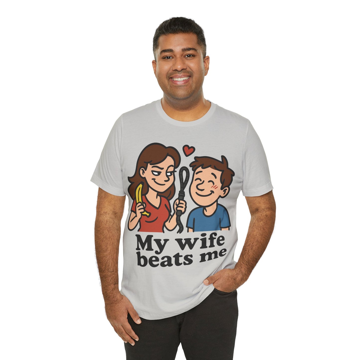 Funny "My Wife Beats Me" Cartoon T-Shirt – Playful Marriage Humor Tee