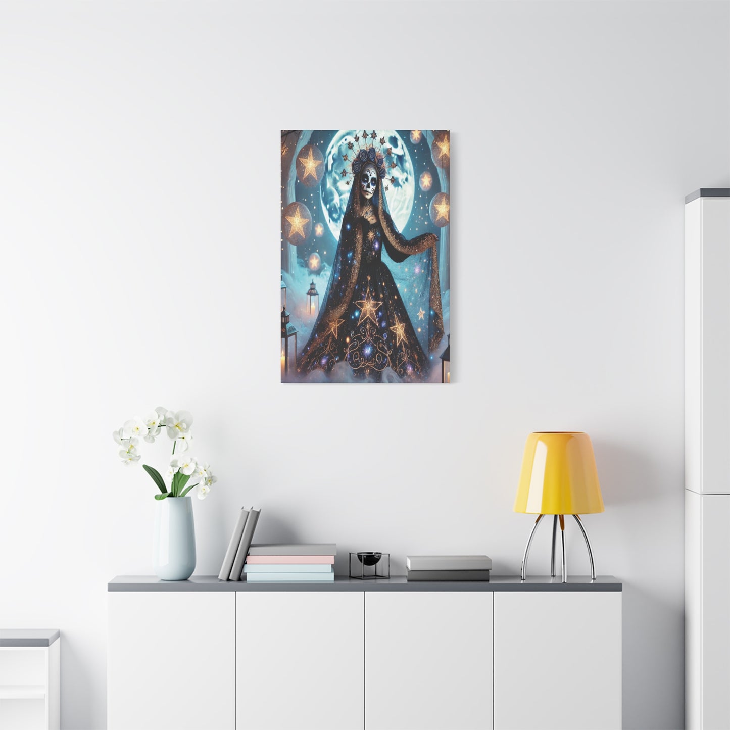 Celestial Sugar Skull Canvas Art – Starry Day of the Dead Goddess Print