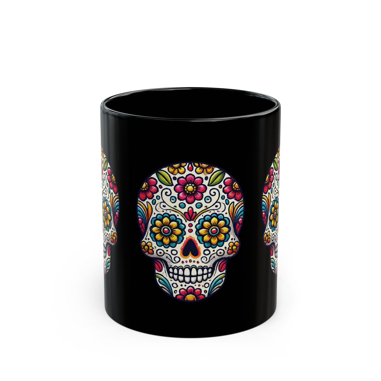 Day of the Dead Sugar Skull Black Mug – Colorful Floral Skull Design