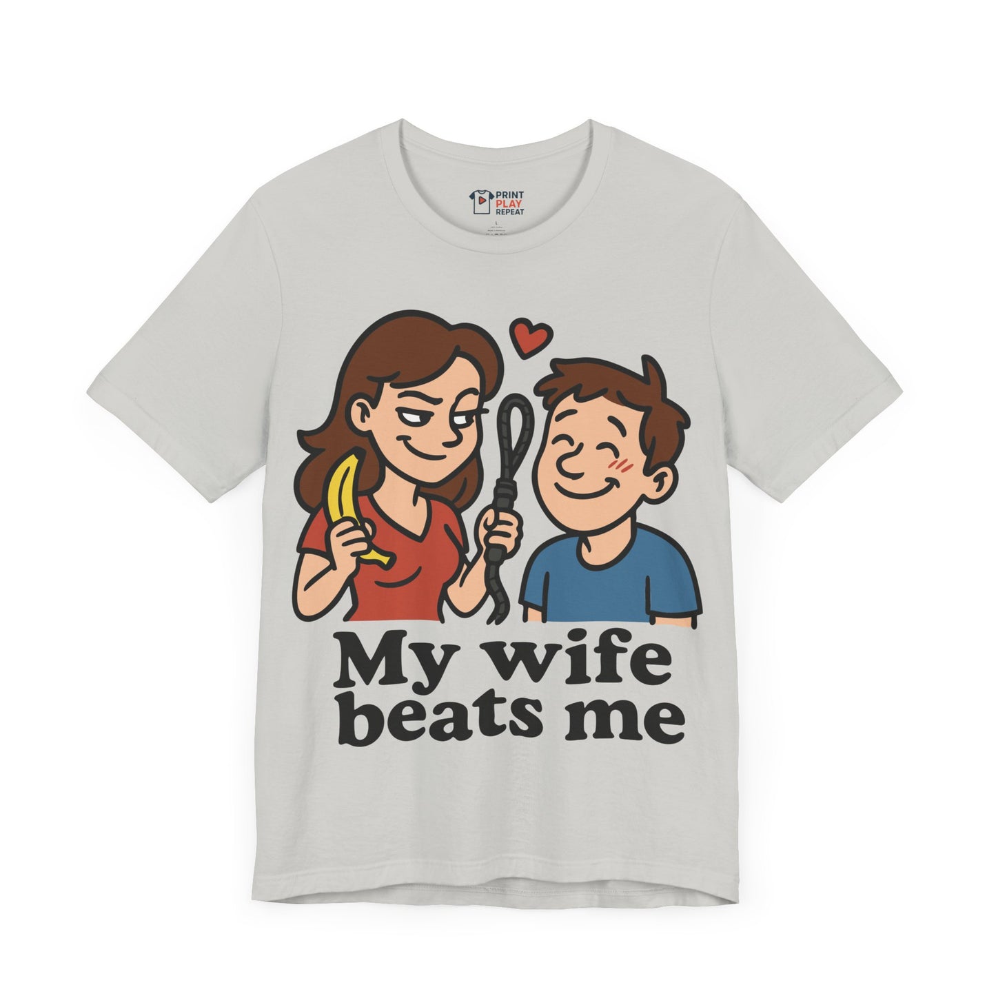 Funny "My Wife Beats Me" Cartoon T-Shirt – Playful Marriage Humor Tee