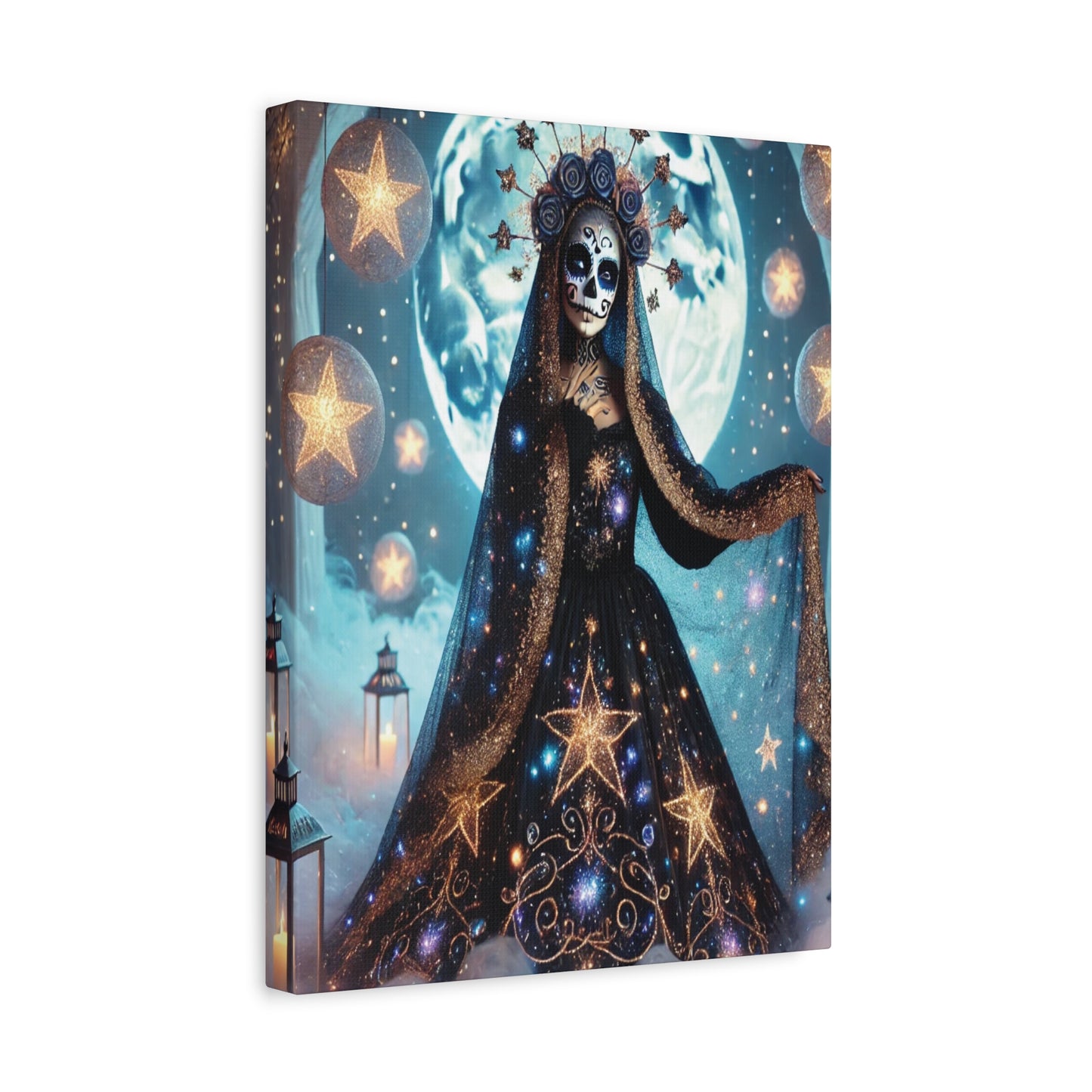 Celestial Sugar Skull Canvas Art – Starry Day of the Dead Goddess Print