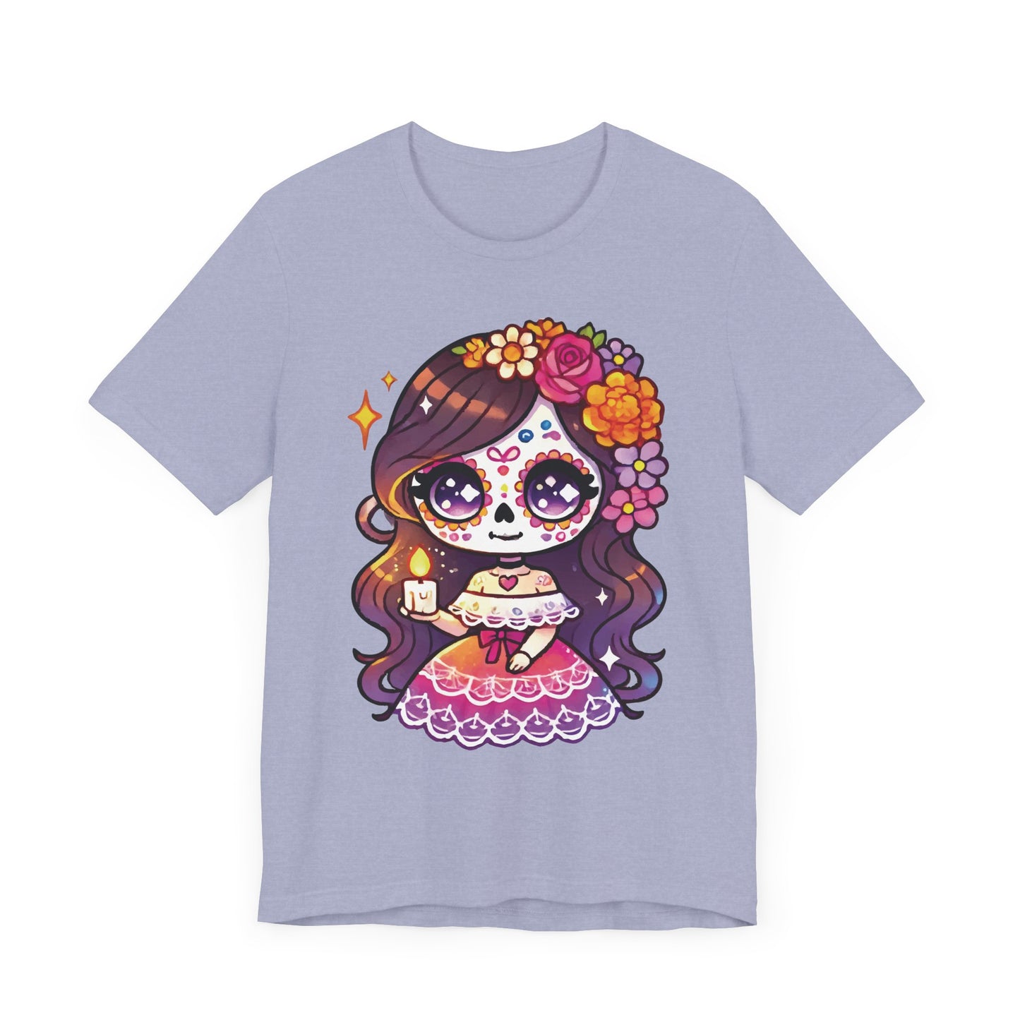 Kawaii Sugar Skull Girl with Candle T-Shirt - Día de los Muertos Cute Tee