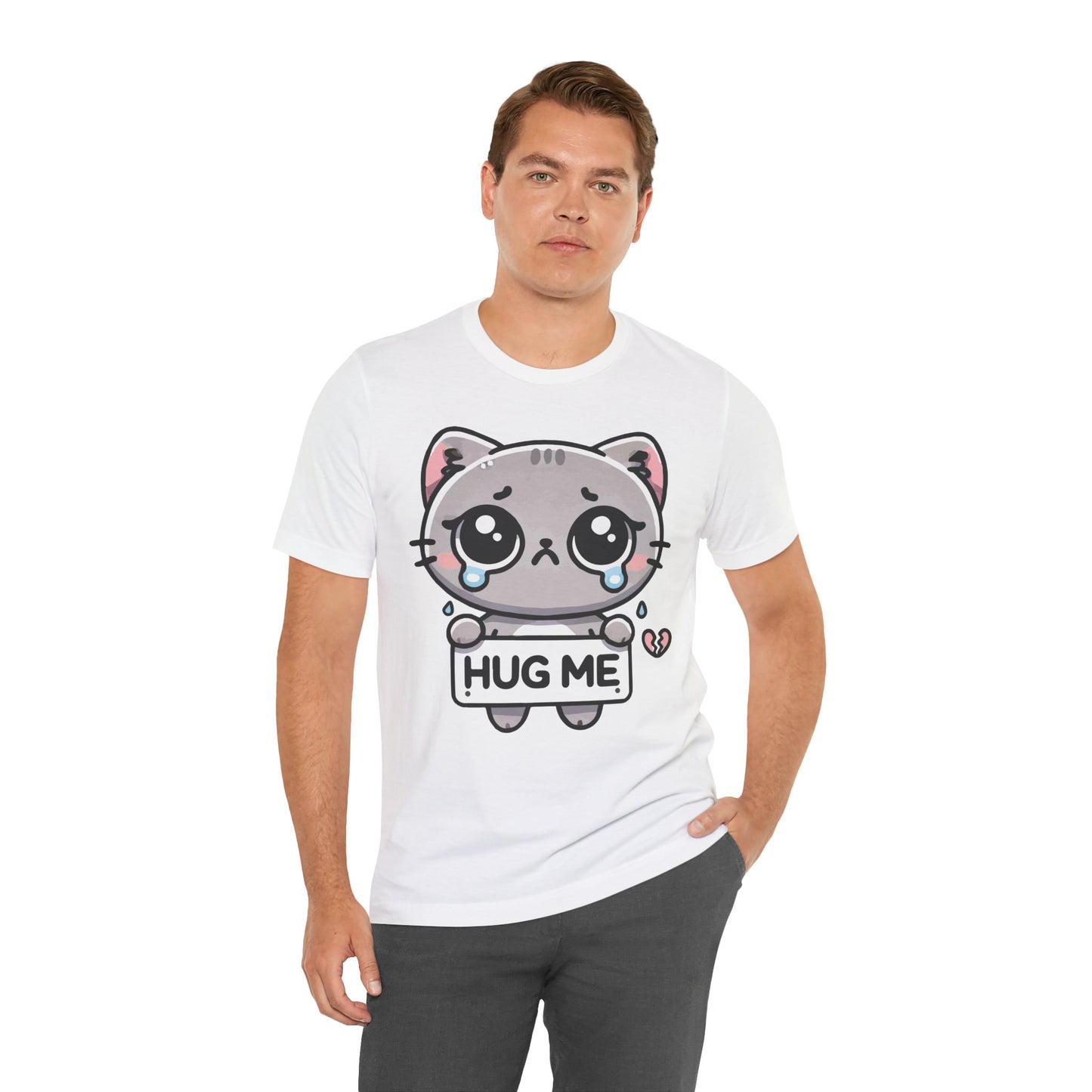 Hug Me T-Shirt – Sad Kawaii Cat Graphic Tee – Cute & Emotional Anime Style Shirt