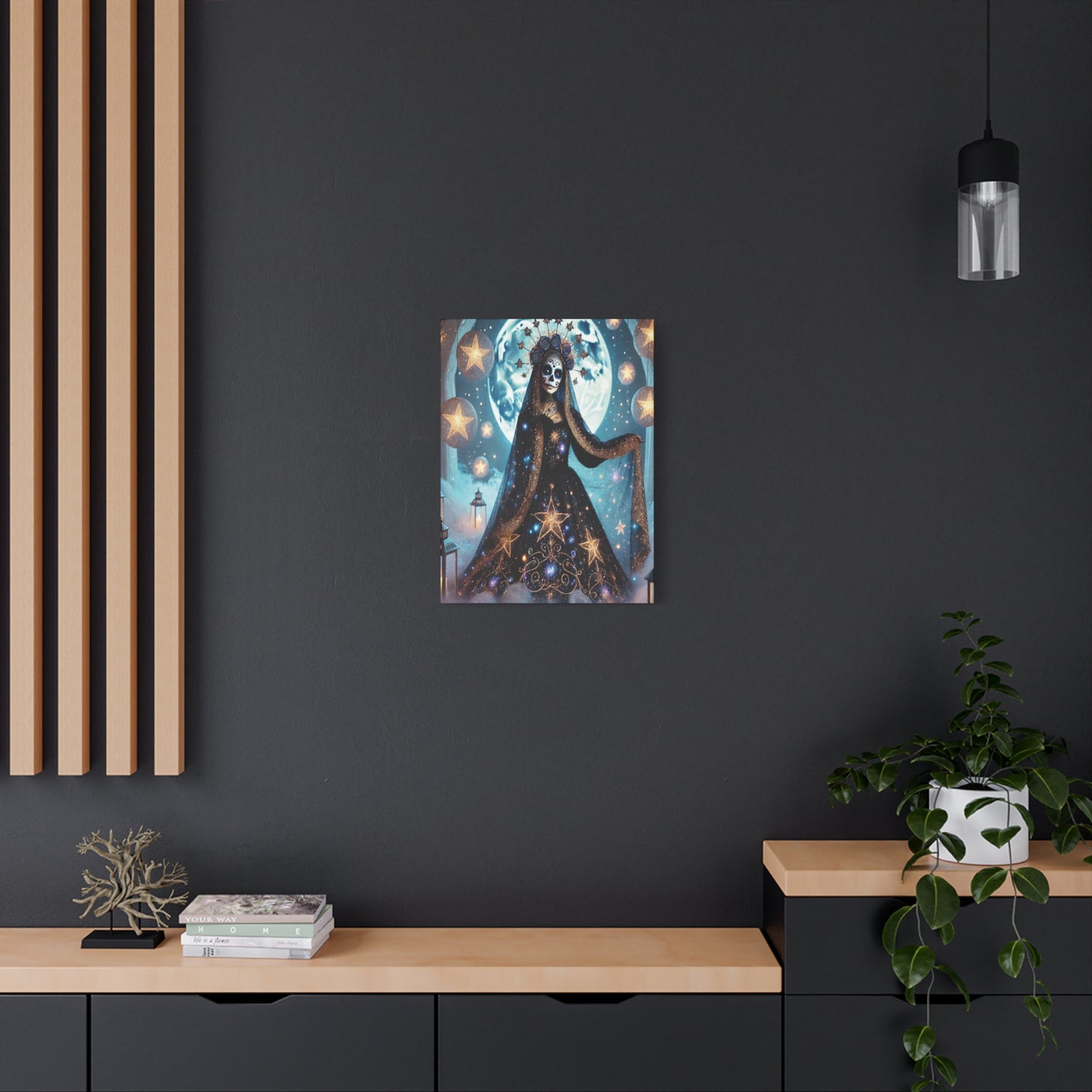 Celestial Sugar Skull Canvas Art – Starry Day of the Dead Goddess Print