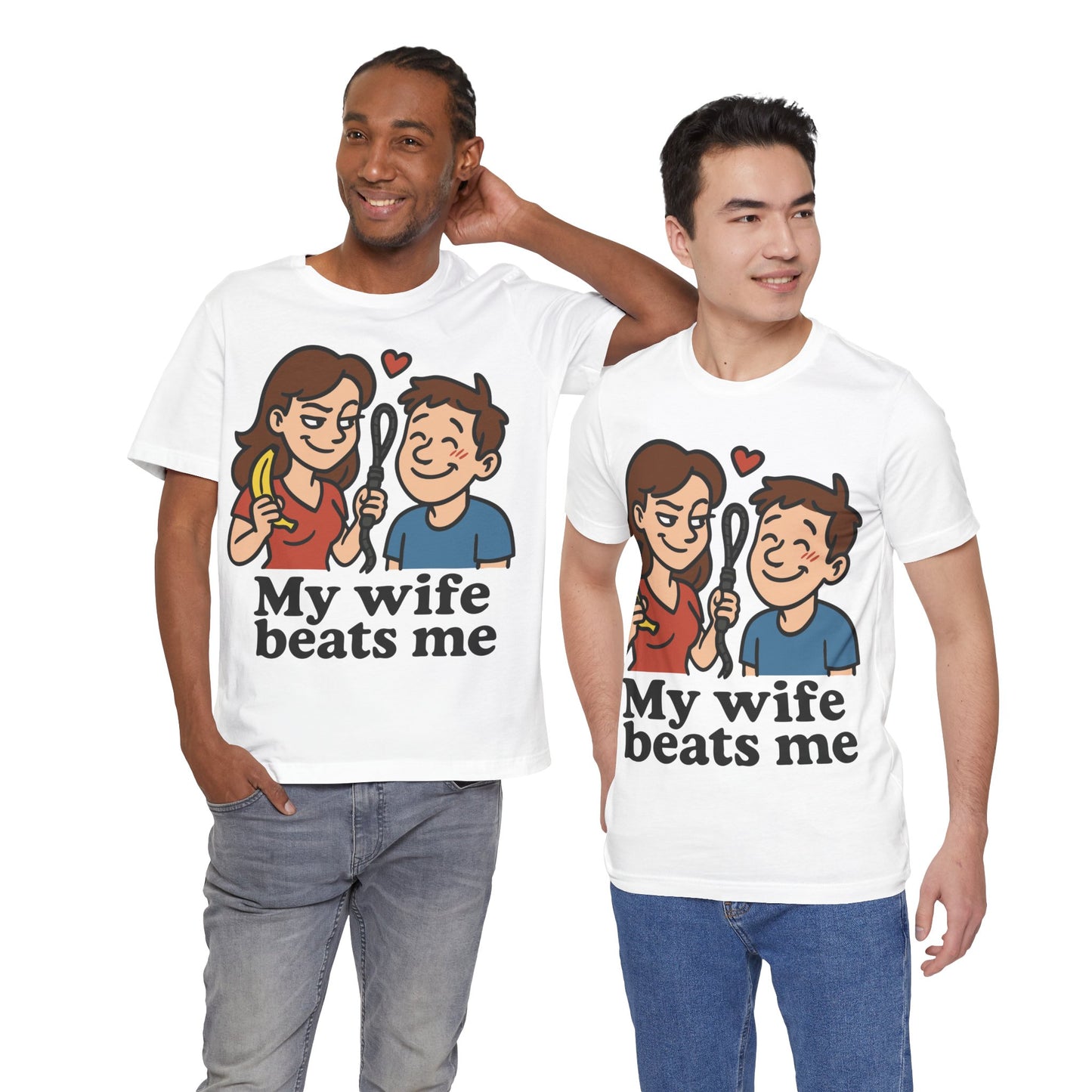 Funny "My Wife Beats Me" Cartoon T-Shirt – Playful Marriage Humor Tee