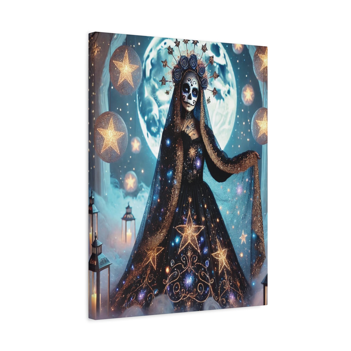Celestial Sugar Skull Canvas Art – Starry Day of the Dead Goddess Print