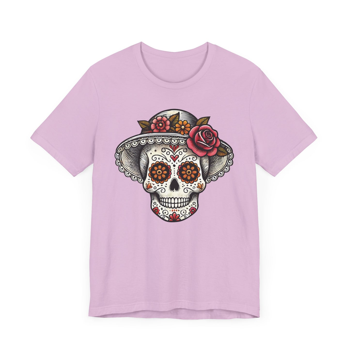 Elegant Catrina Sugar Skull T-Shirt – Lady Skull with Floral Hat – Día de los Muertos Art Tee