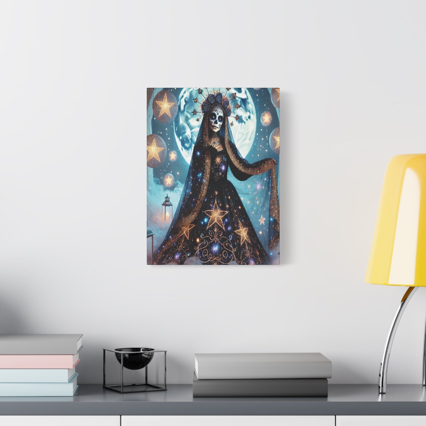 Celestial Sugar Skull Canvas Art – Starry Day of the Dead Goddess Print