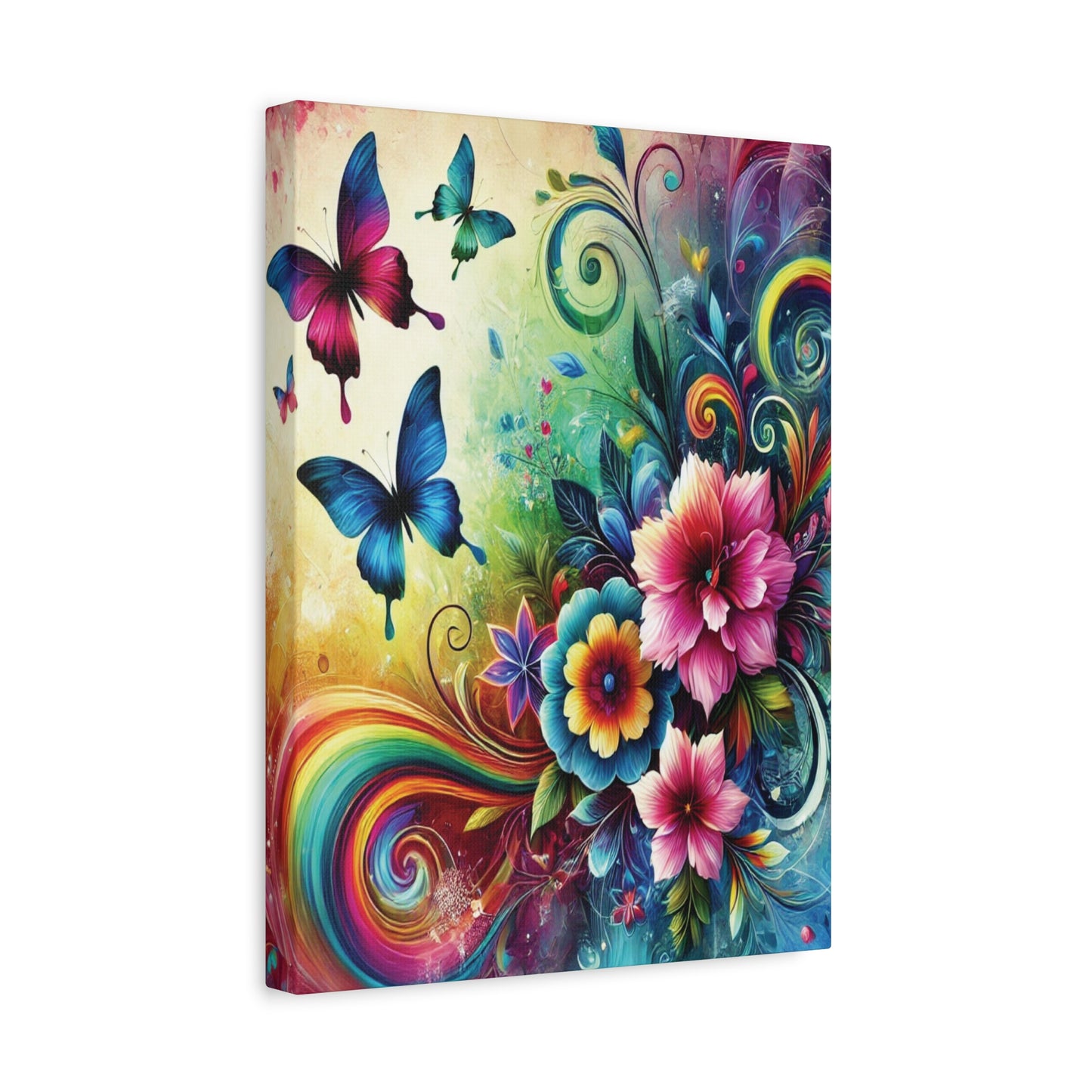 Whimsical Rainbow Floral Canvas – Colorful Flowers & Butterflies Wall Art