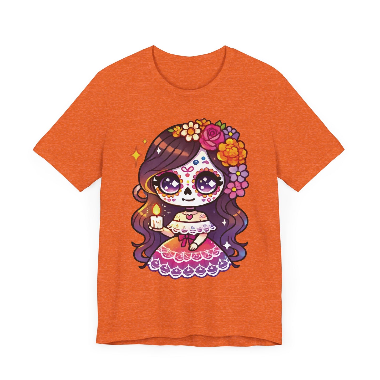 Kawaii Sugar Skull Girl with Candle T-Shirt - Día de los Muertos Cute Tee