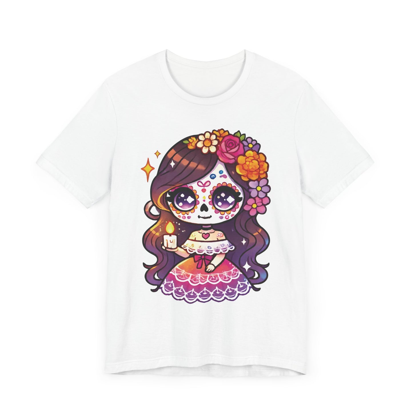 Kawaii Sugar Skull Girl with Candle T-Shirt - Día de los Muertos Cute Tee