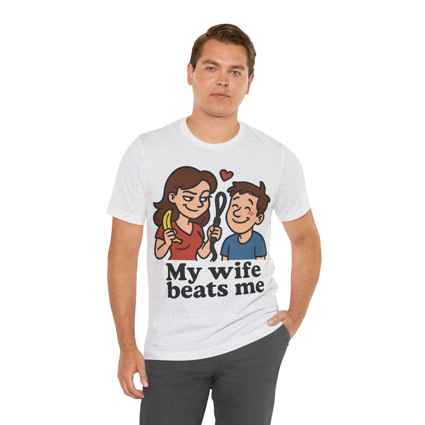 Funny "My Wife Beats Me" Cartoon T-Shirt – Playful Marriage Humor Tee