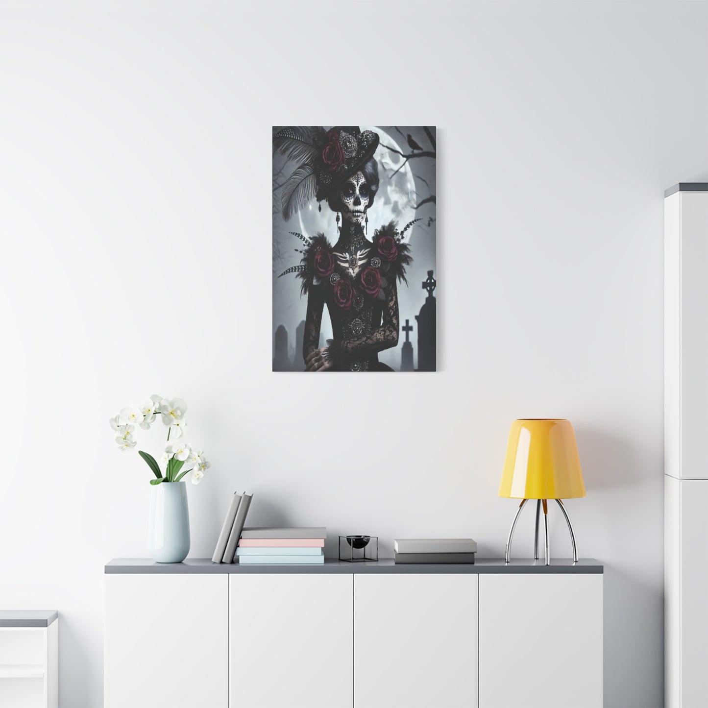 Dark Elegance Sugar Skull Canvas – Gothic Day of the Dead Rose Queen Print