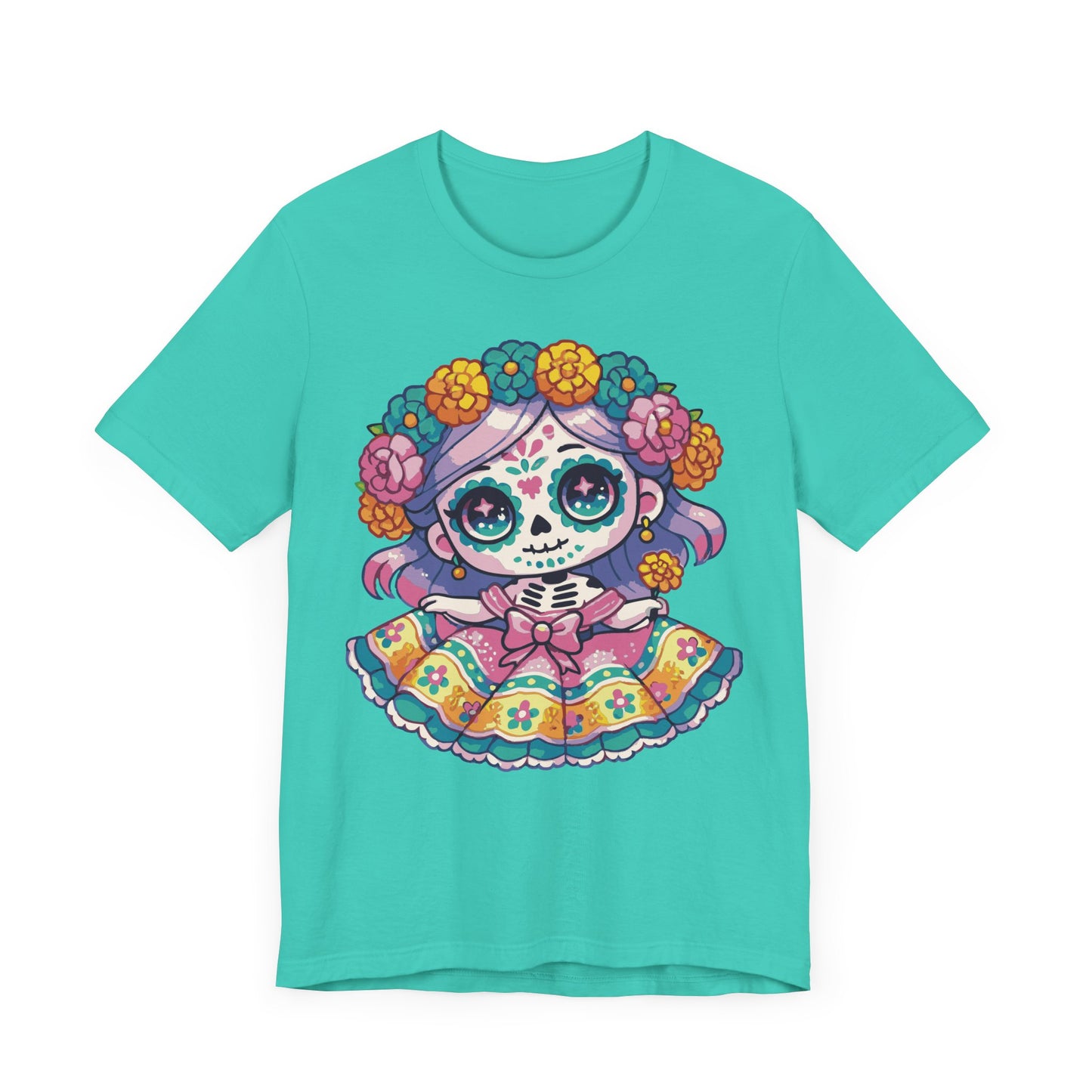 Kawaii Sugar Skull Girl T-Shirt – Colorful Day of the Dead Cute Chibi Tee – Dia de los Muertos Shirt