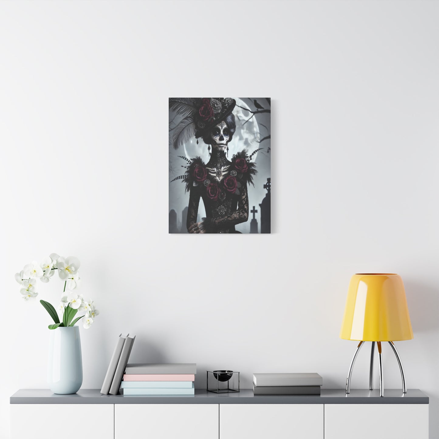 Dark Elegance Sugar Skull Canvas – Gothic Day of the Dead Rose Queen Print