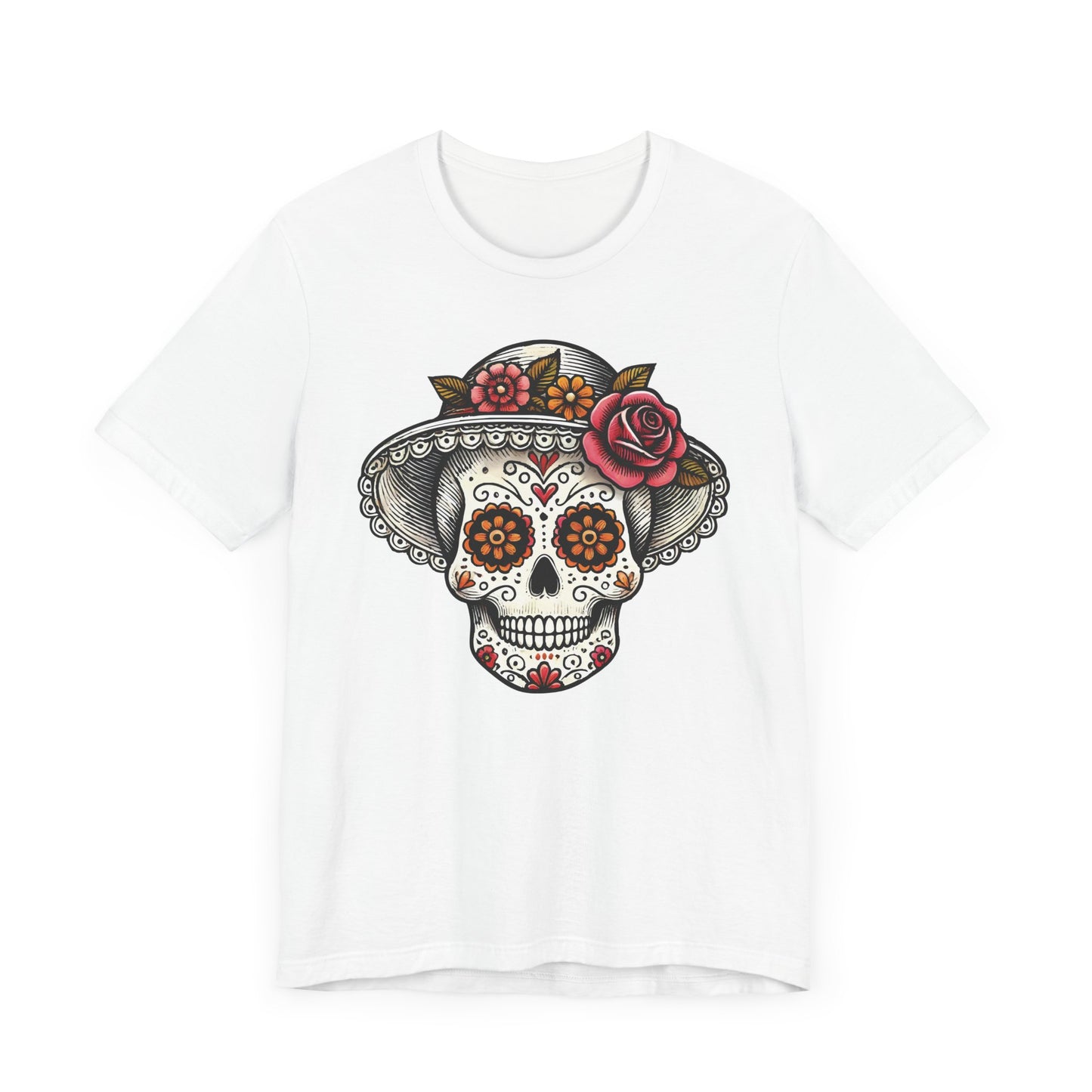 Elegant Catrina Sugar Skull T-Shirt – Lady Skull with Floral Hat – Día de los Muertos Art Tee