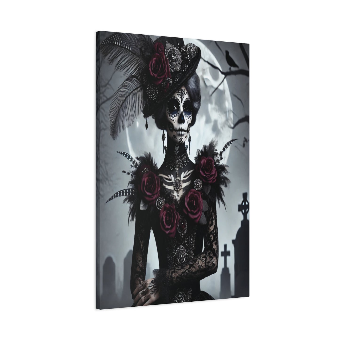 Dark Elegance Sugar Skull Canvas – Gothic Day of the Dead Rose Queen Print