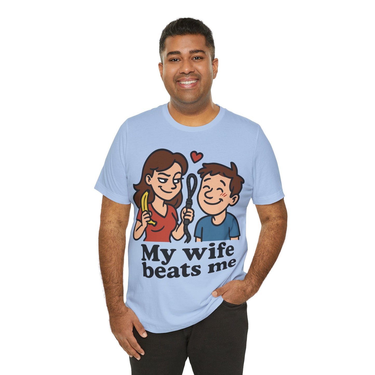 Funny "My Wife Beats Me" Cartoon T-Shirt – Playful Marriage Humor Tee