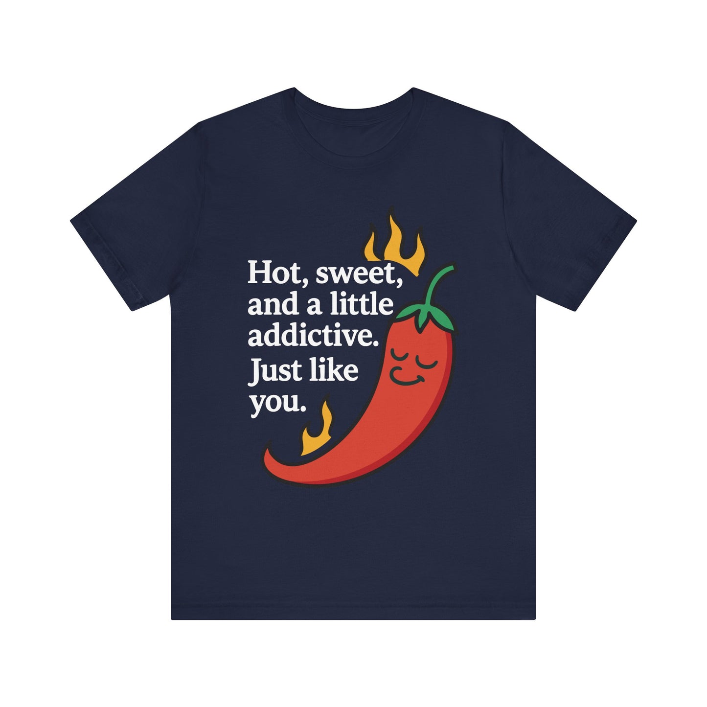 Navy "Hot, sweet, and a little addictive" chili pepper foodie T-shirt