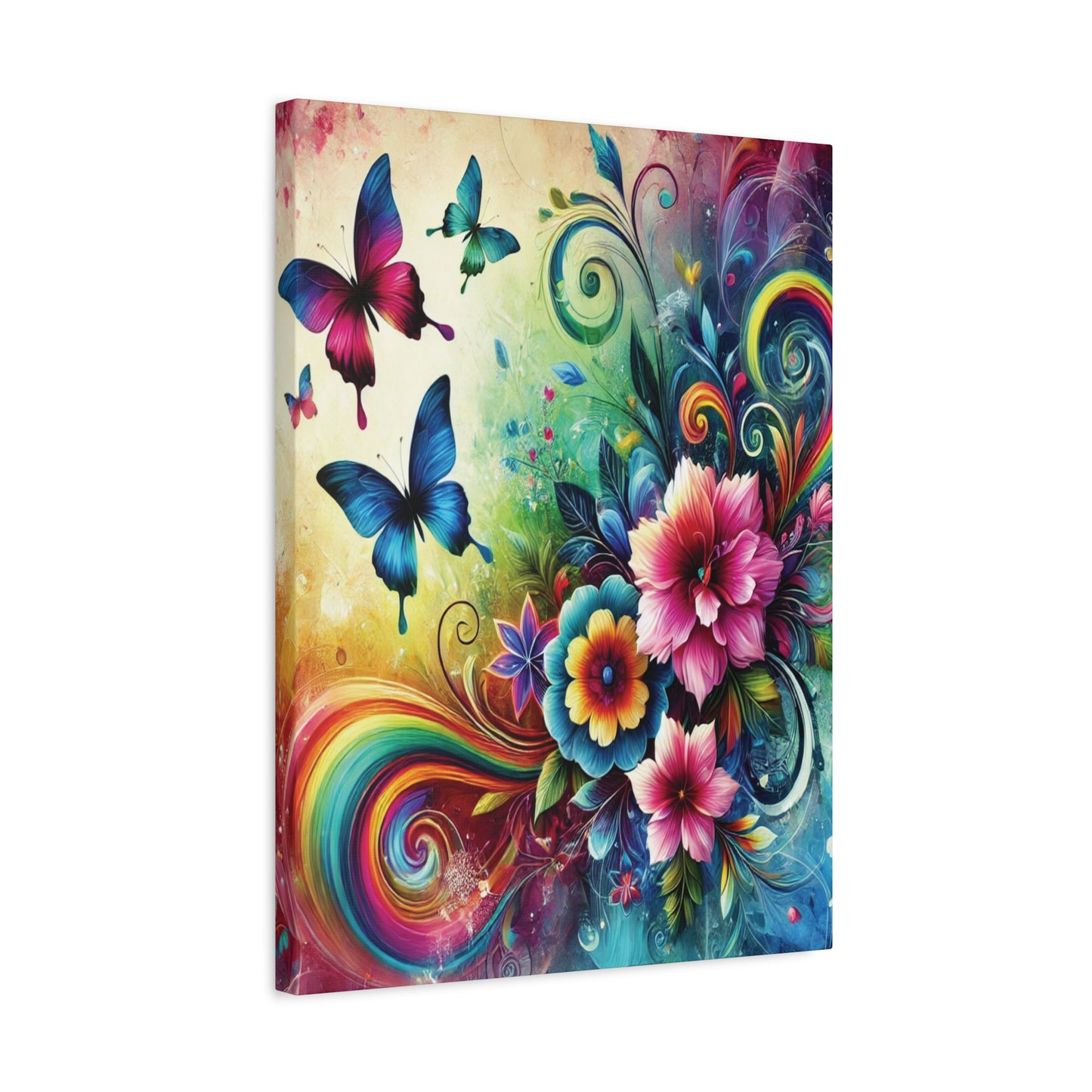 Whimsical Rainbow Floral Canvas – Colorful Flowers & Butterflies Wall Art