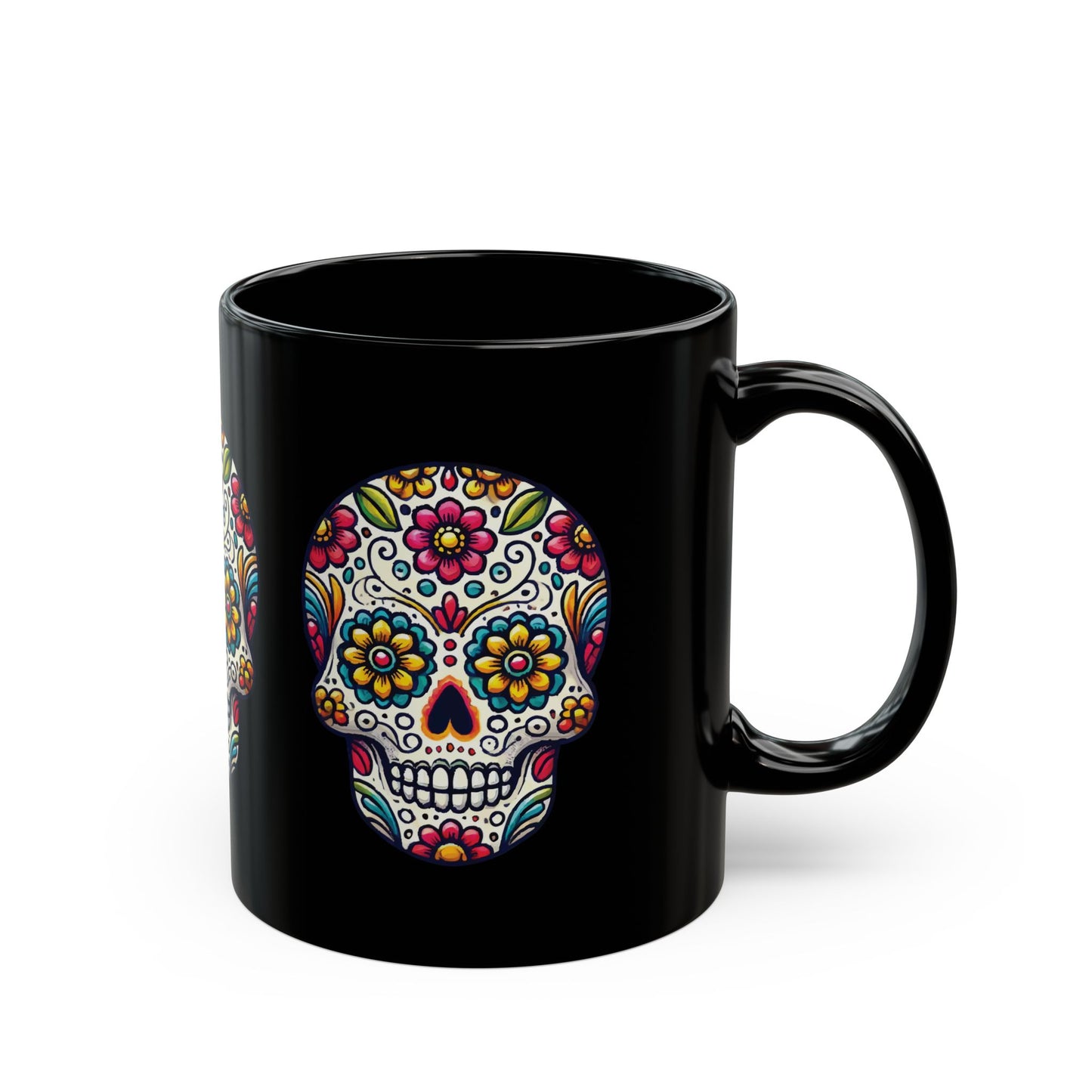 Day of the Dead Sugar Skull Black Mug – Colorful Floral Skull Design