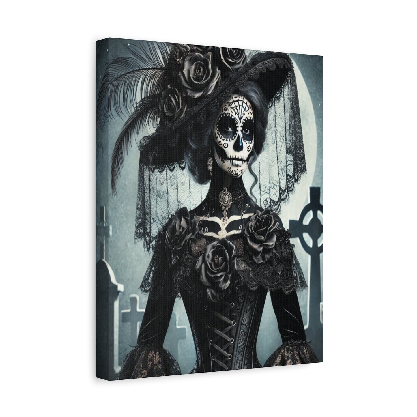 Gothic Day of the Dead Canvas Art – Elegant Sugar Skull Woman in Victorian Dress