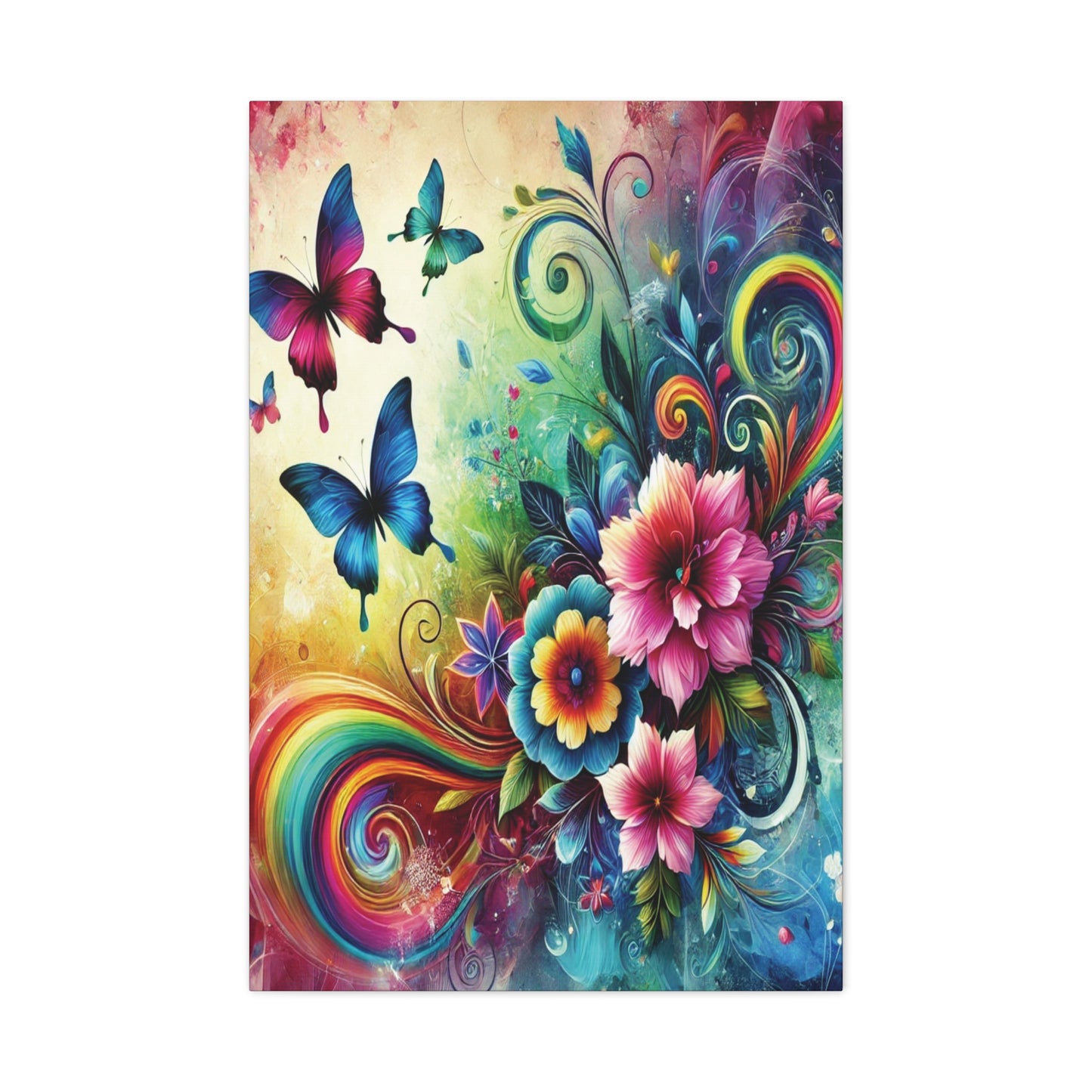 Whimsical Rainbow Floral Canvas – Colorful Flowers & Butterflies Wall Art