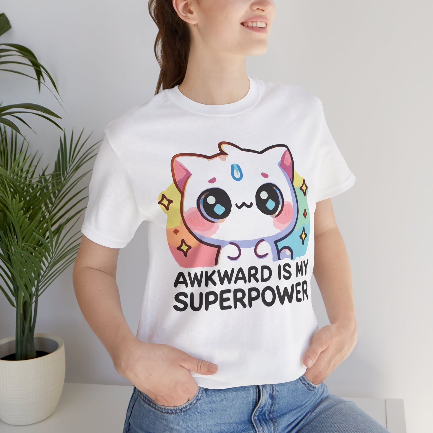 Kawaii Cat “Awkward Is My Superpower” T-Shirt – Cute Pastel Anime Style Tee