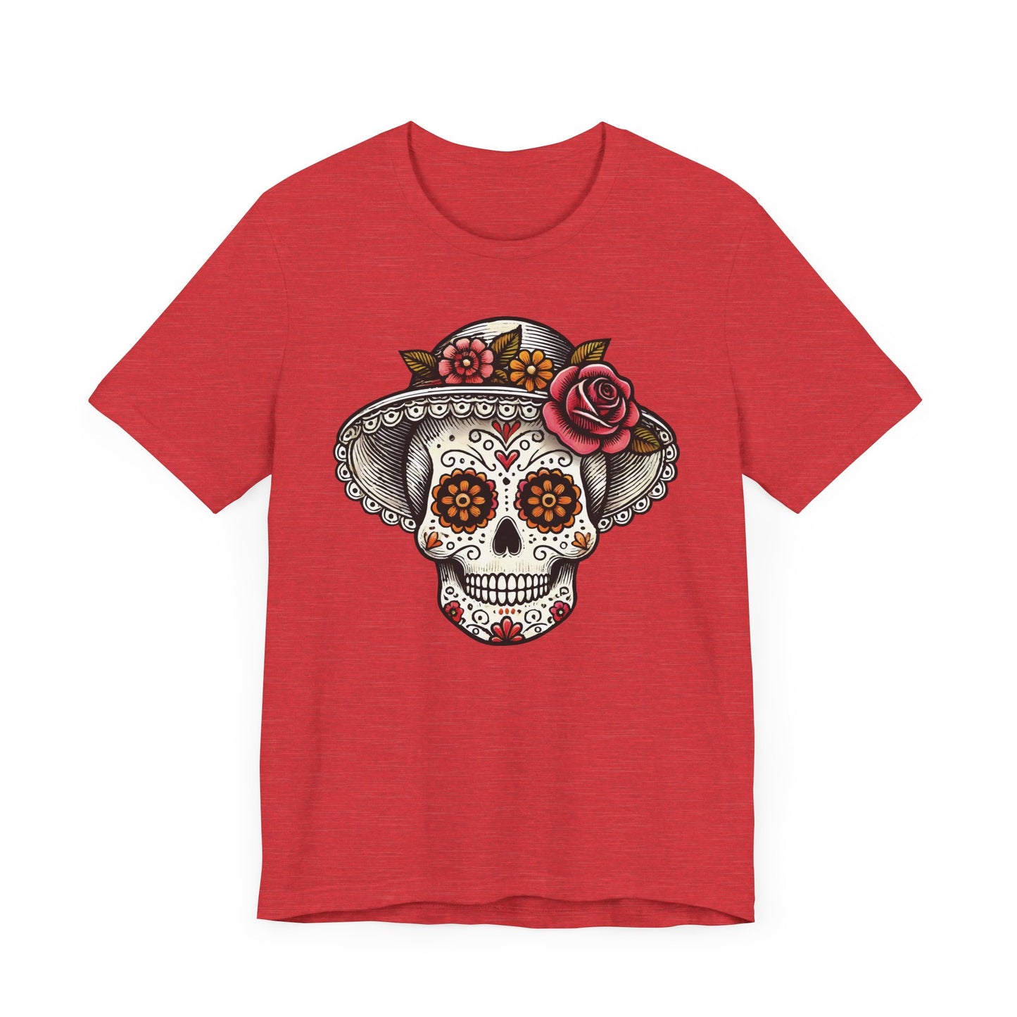 Elegant Catrina Sugar Skull T-Shirt – Lady Skull with Floral Hat – Día de los Muertos Art Tee