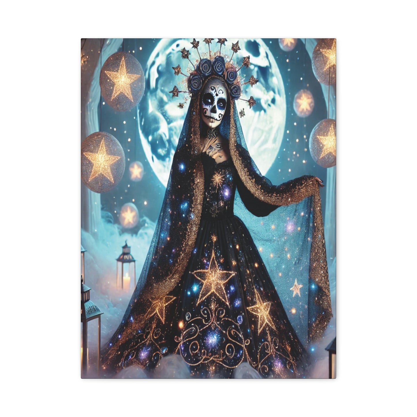 Celestial Sugar Skull Canvas Art – Starry Day of the Dead Goddess Print