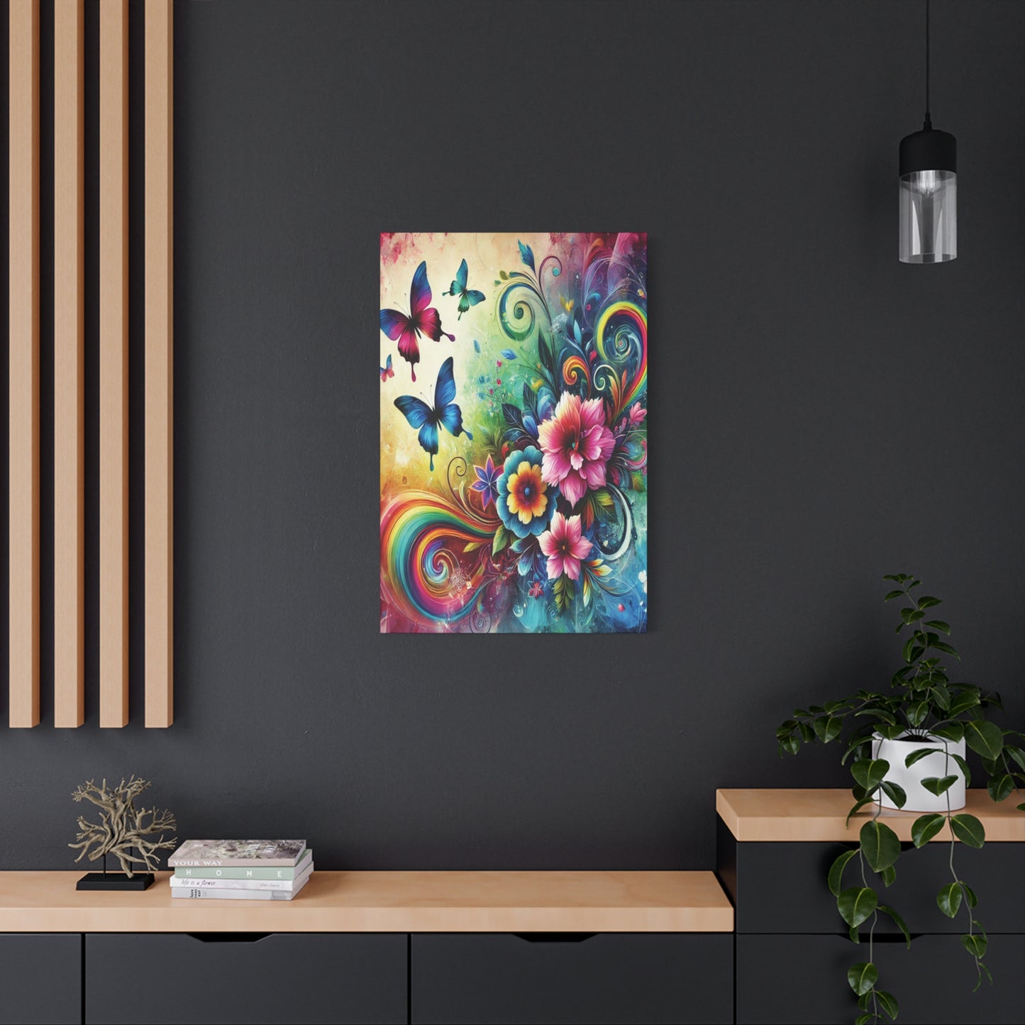 Whimsical Rainbow Floral Canvas – Colorful Flowers & Butterflies Wall Art
