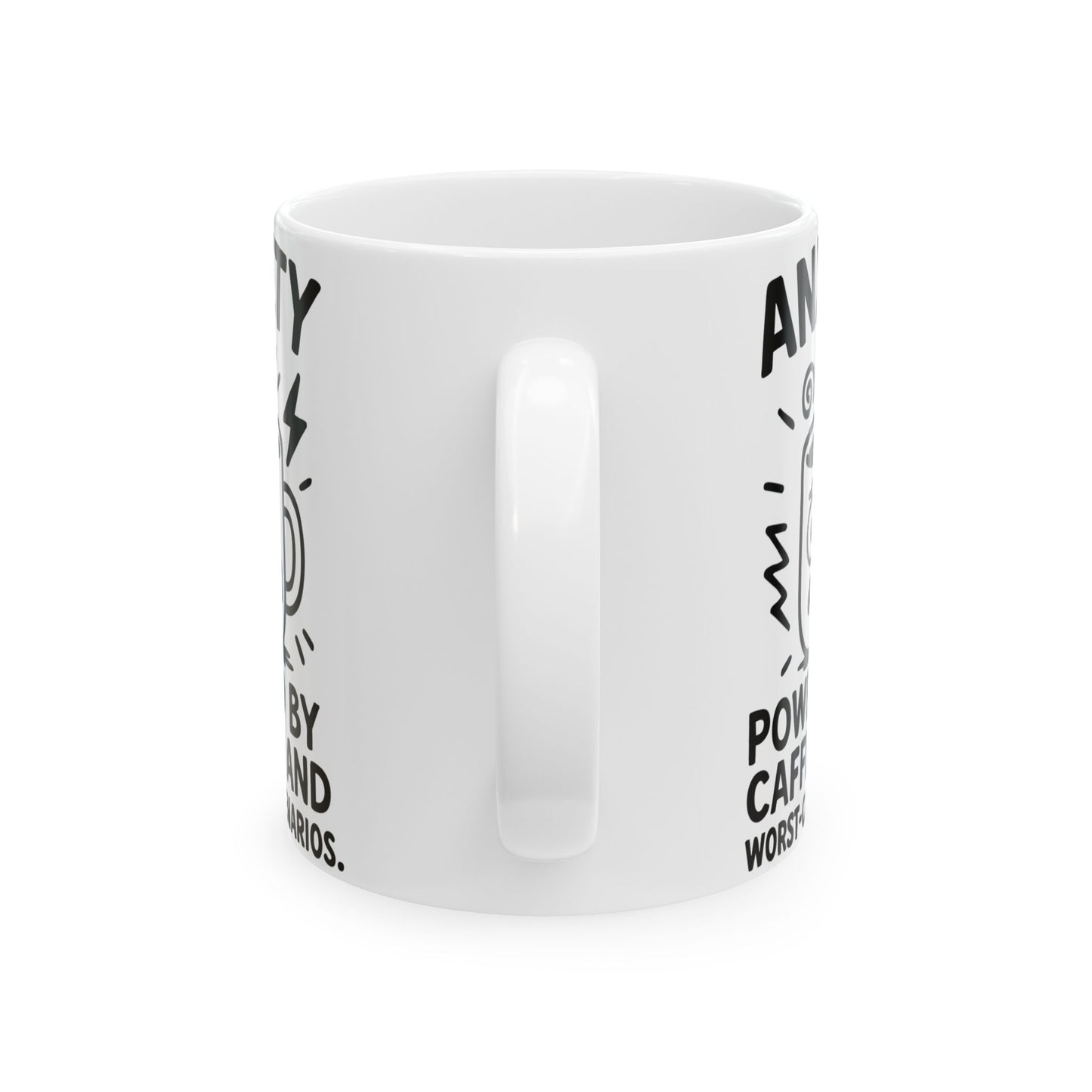 Funny Anxiety Coffee Mug – "Powered by Caffeine and Worst-Case Scenarios" – White Ceramic Mug