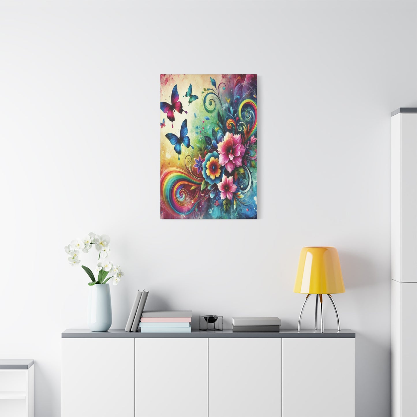 Whimsical Rainbow Floral Canvas – Colorful Flowers & Butterflies Wall Art