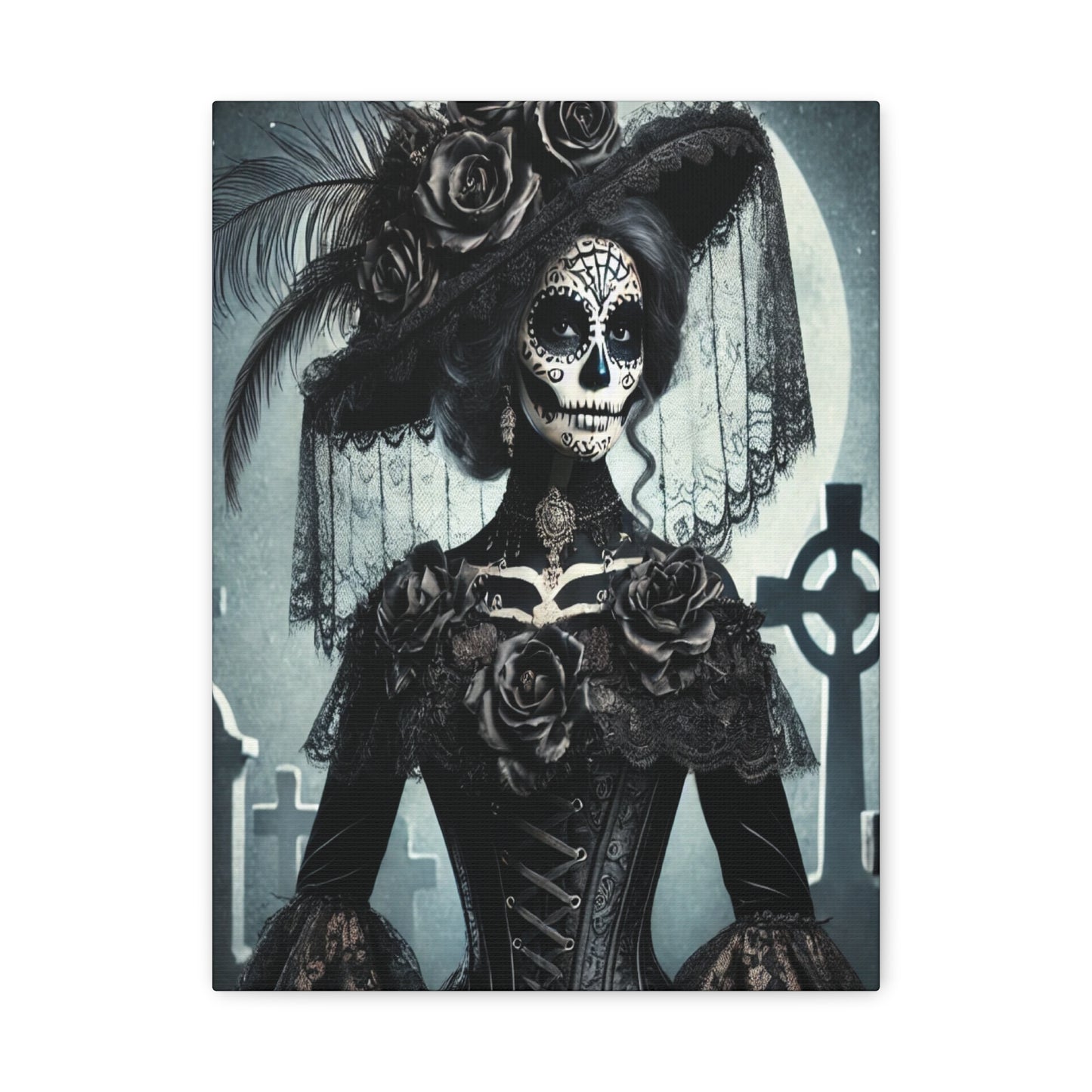 Gothic Day of the Dead Canvas Art – Elegant Sugar Skull Woman in Victorian Dress