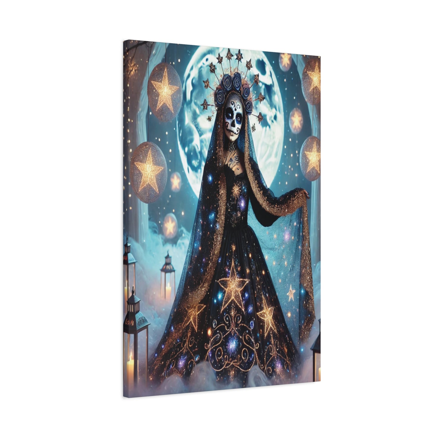 Celestial Sugar Skull Canvas Art – Starry Day of the Dead Goddess Print