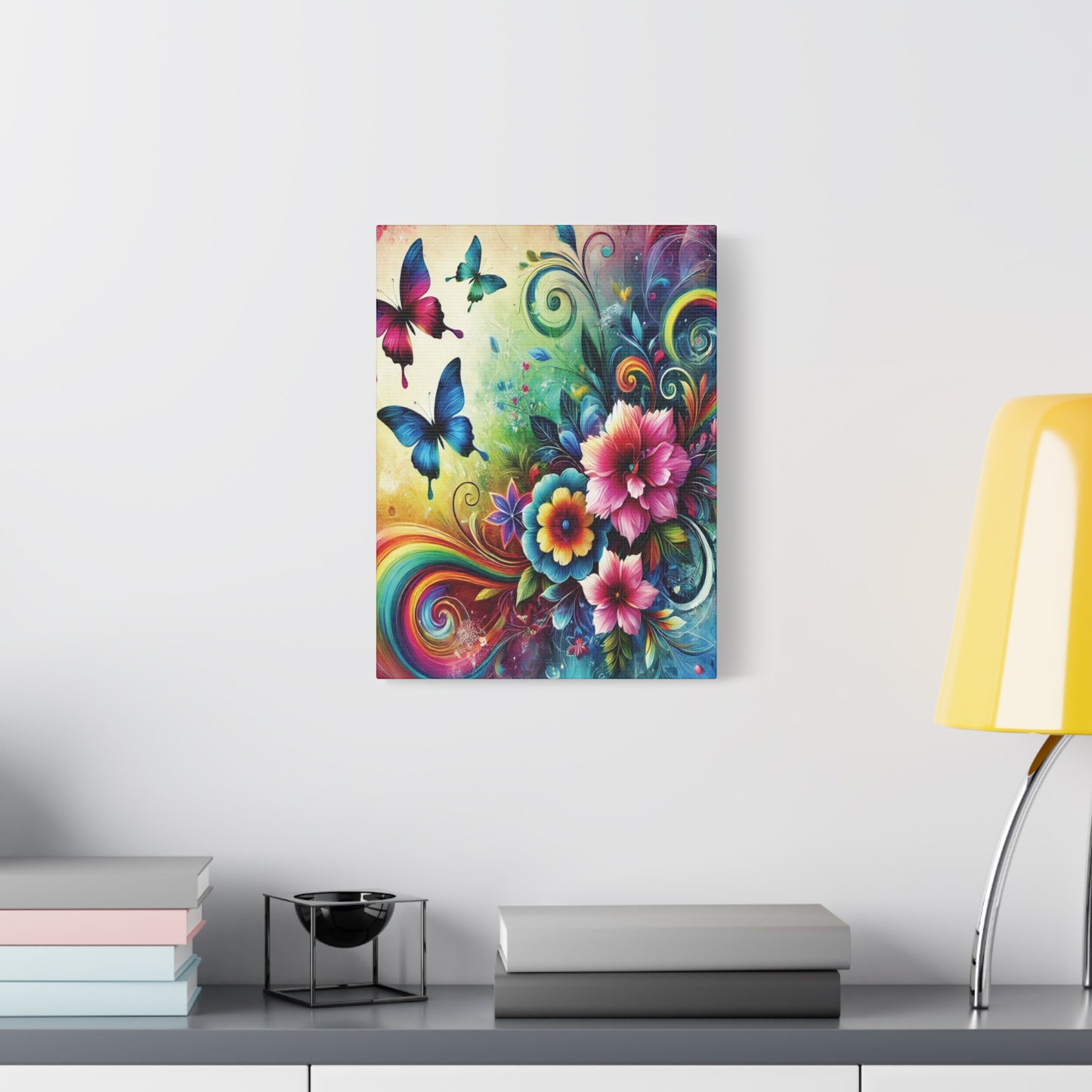Whimsical Rainbow Floral Canvas – Colorful Flowers & Butterflies Wall Art