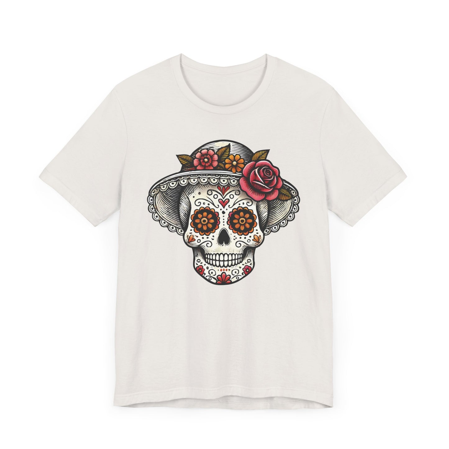 Elegant Catrina Sugar Skull T-Shirt – Lady Skull with Floral Hat – Día de los Muertos Art Tee
