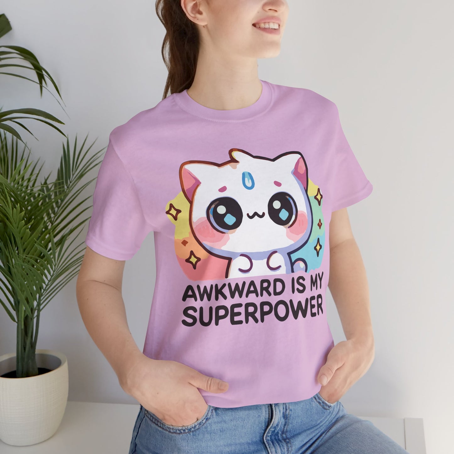 Kawaii Cat “Awkward Is My Superpower” T-Shirt – Cute Pastel Anime Style Tee
