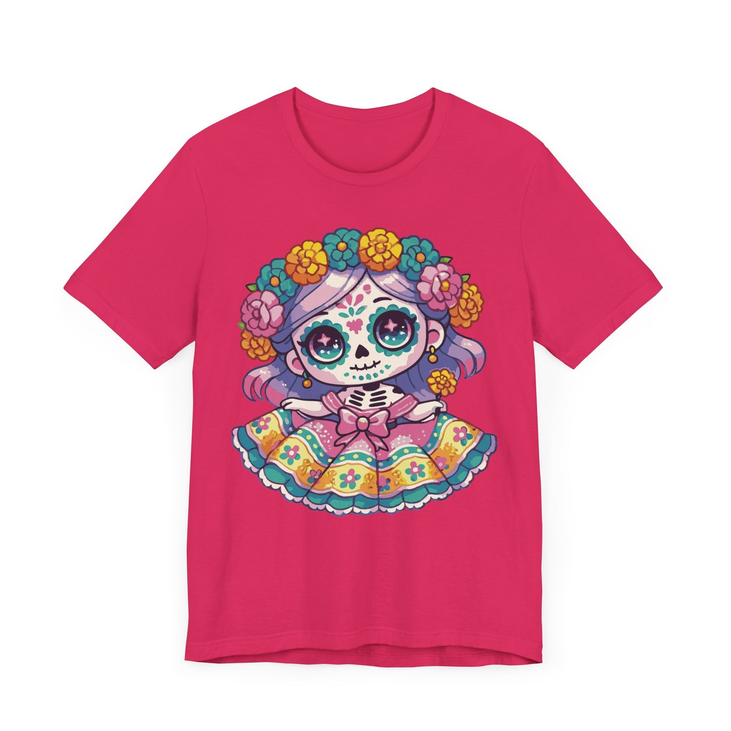 Kawaii Sugar Skull Girl T-Shirt – Colorful Day of the Dead Cute Chibi Tee – Dia de los Muertos Shirt