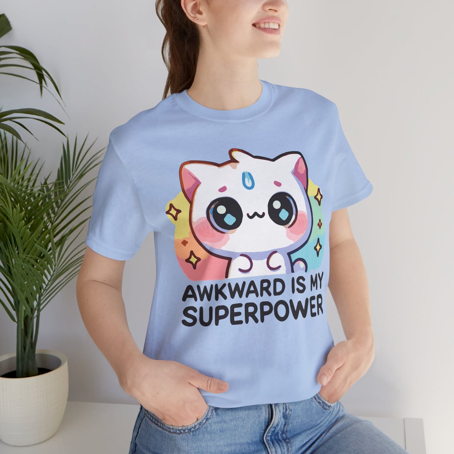Kawaii Cat “Awkward Is My Superpower” T-Shirt – Cute Pastel Anime Style Tee