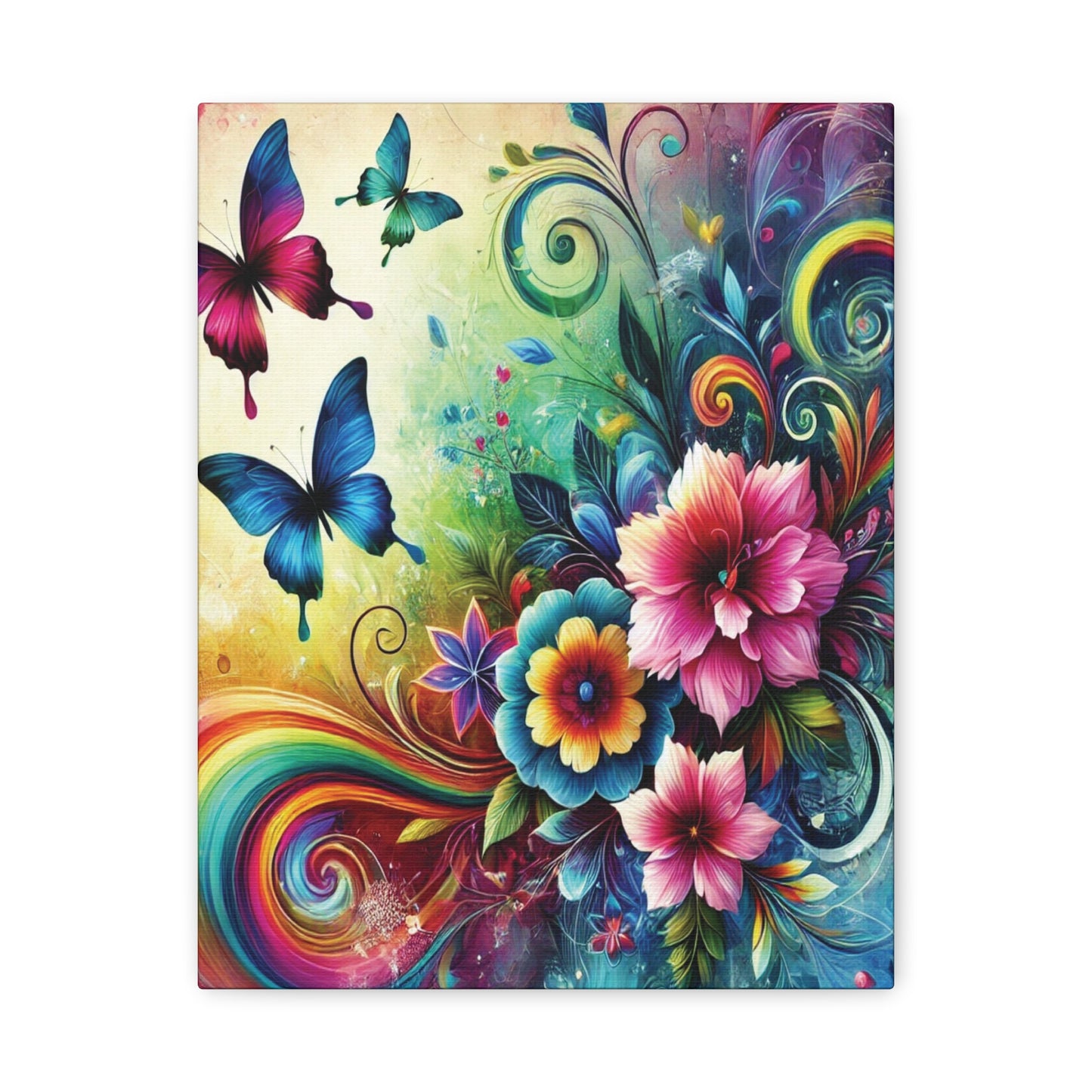 Whimsical Rainbow Floral Canvas – Colorful Flowers & Butterflies Wall Art