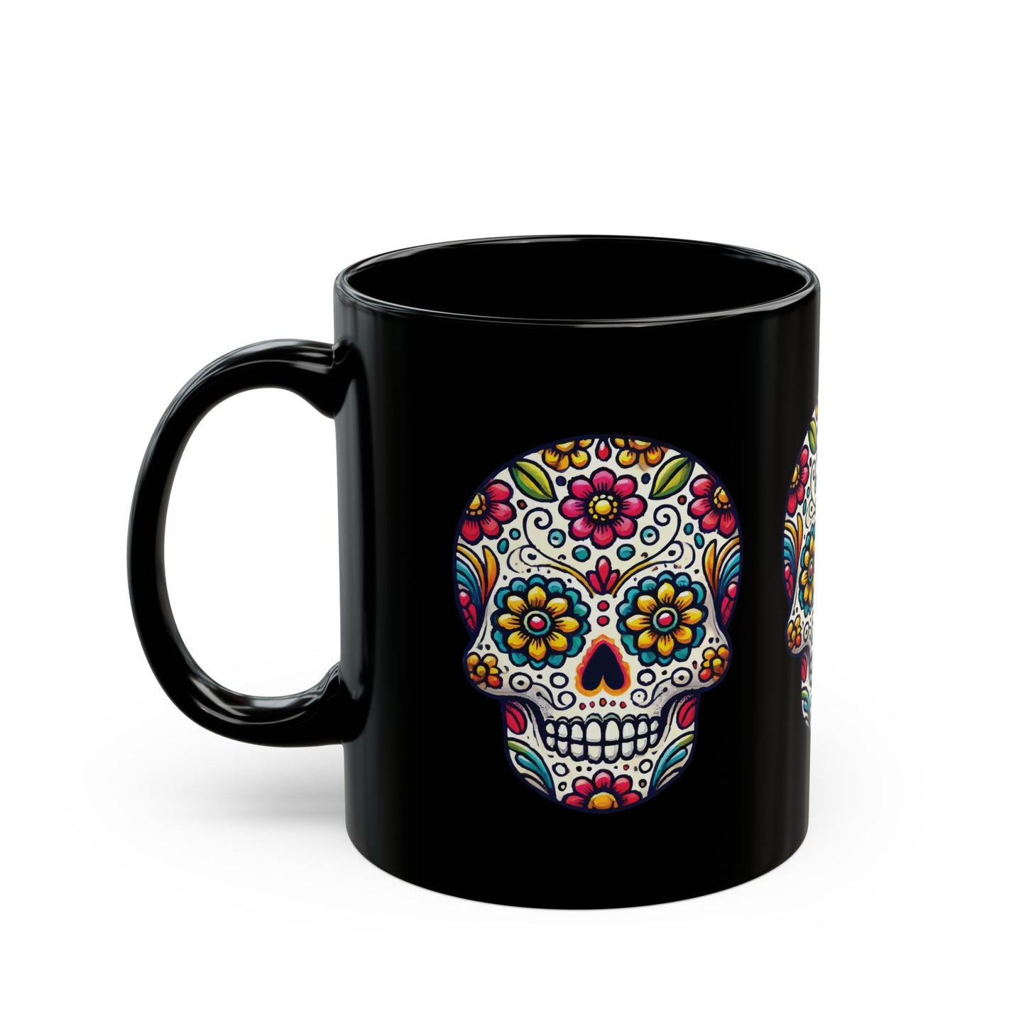 Day of the Dead Sugar Skull Black Mug – Colorful Floral Skull Design
