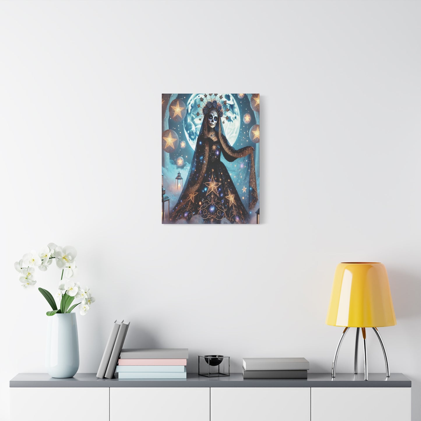 Celestial Sugar Skull Canvas Art – Starry Day of the Dead Goddess Print